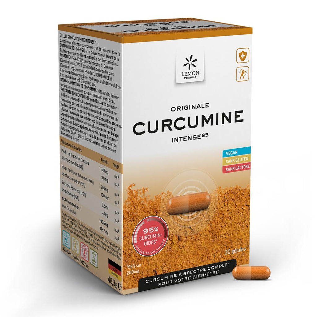 Gélules de curcuma Originale Curcumine Intense Vegan Sans Gluten Sans Lactose Lemon Pharma